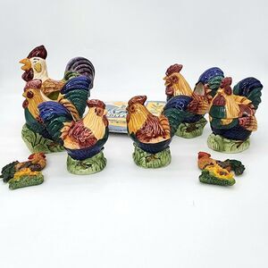 Kitchen Chicken Lot! 10 Pieces. Scrub Holder, Cream &Sugar, Napkin Holder, S&P +
